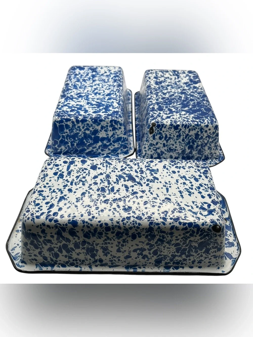 3 Vintage Enamelware Baking Loaf Pans Blue White Splatter CGS International